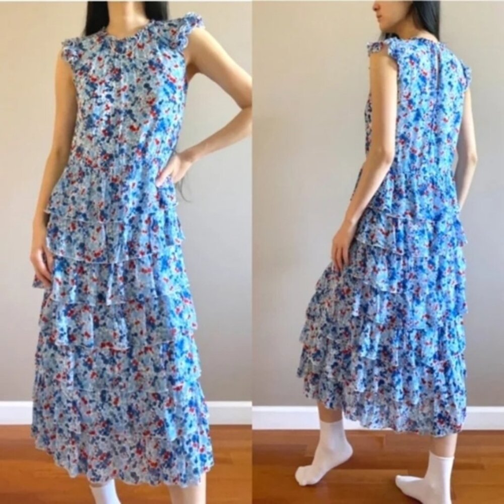 Aritzia Little Moon Rarity Blue Floral Feminine Ruffle Midi Dress Size XS.